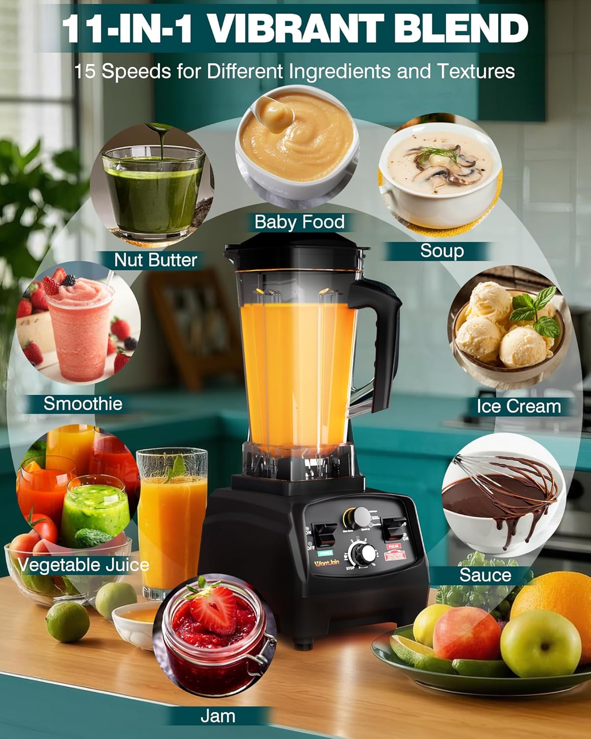 WantJoin Blender for Smoothies with 1800 Watt Motor Powerful Countertop Blenders for Kitchen 68OZ Large Capacity Smoothie Blender and Grinder Combo for Ice Crush Frozen Drinks Puree
