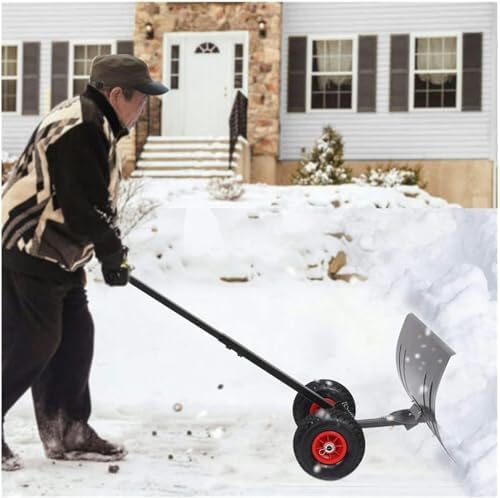 Efficient Snow Shovel w/Wheels Heavy Duty Rolling Snow Plow Shovels with Wheels and Adjustable Handle, Efficient Snow Removal Tool for Cleaning Lanes