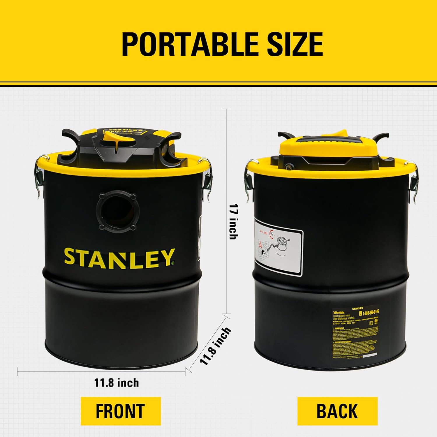 STANLEY Ash Vacuum Cleaner 4 Gallon with 4 HP Powerful Motor Suction, Stainless Steel Shop Vacuum Portable Ash Canister for Pellet Grill, Wood Stoves, BBQ Grills, Fireplaces & Fire Pits