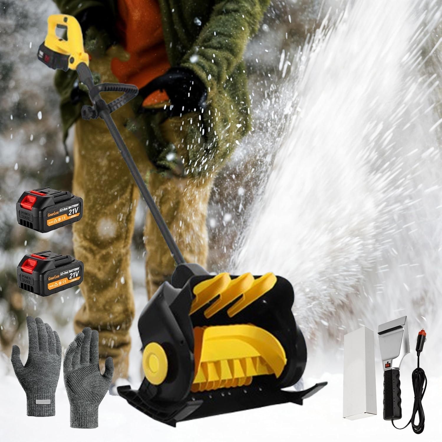 Cordless Snow Shovel w/Gloves+Heated Snow Shovel,Electric Snow Blower for Driveway-Adjustable Front Handle 90° Rotates,41cm Width, 15cm Depth,10m Throwing Distance(2 Batteries),Yellow