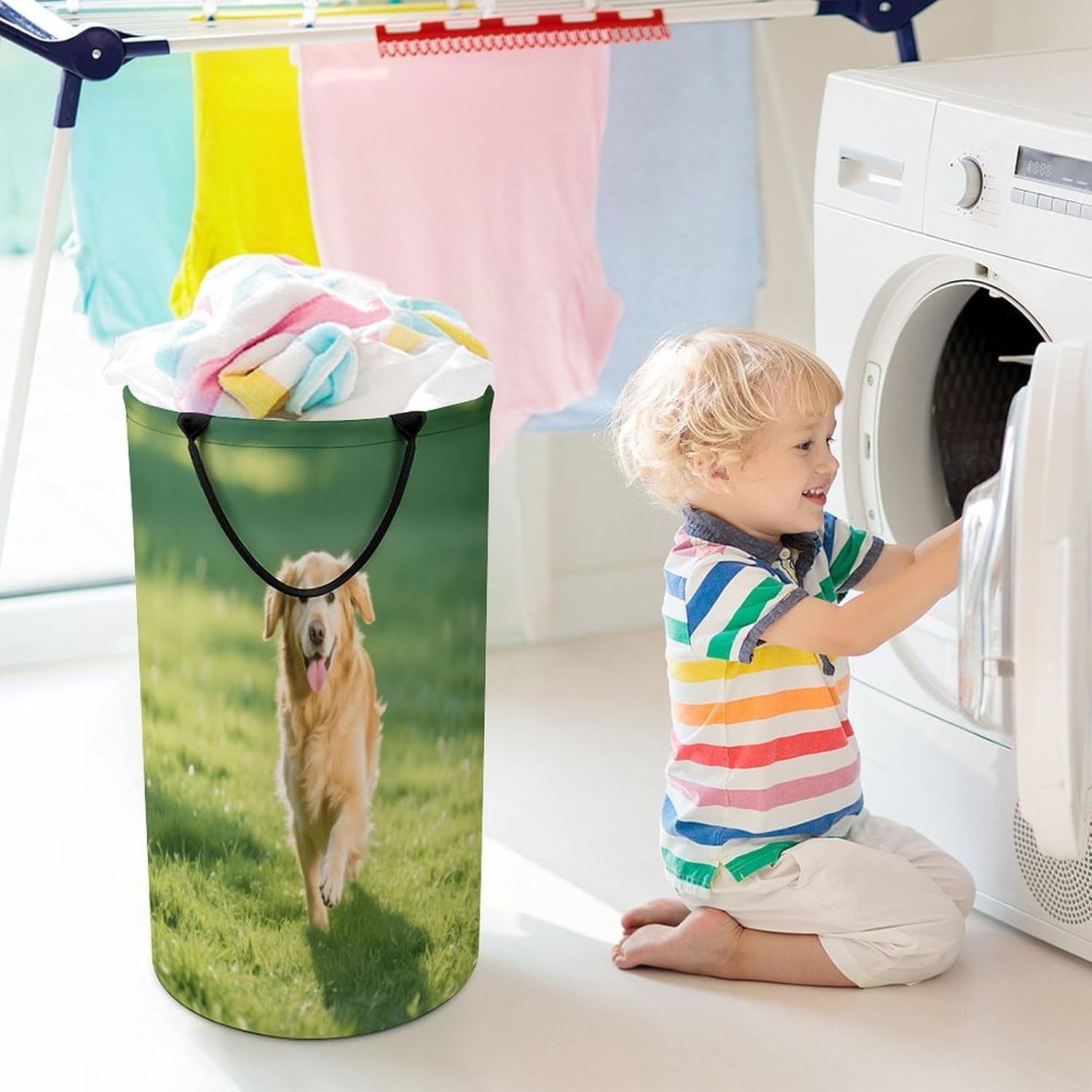 86L Large Laundry Hamper Golden Retriever Patterned Dirty Laundry Hamper Foldable Laundry Bag with Handle Suitable for Bedroom Living Room And Bathroom Washing Machine