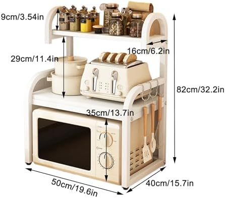 2-Tier Multifunctional Microwave Ovens Countertop, Stand Kitchen Storage Shelf Organizer, Kitchen Storage Organiser Cabinet, with 3 Hooks Kitchen Tableware Storage Shelf (Color : White, Size : 60 * 4