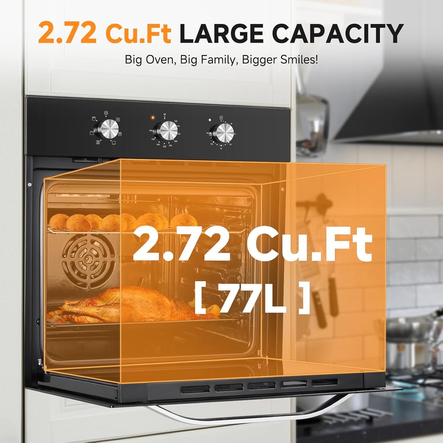 AMZCHEF Wall Ovens 24 inch Electric: 2800w Single Wall Oven with 6 Cooking Modes, 2.72 Cu.Ft. Electric Wall Oven, Convection Oven with Mechanical Knobs Control, Black