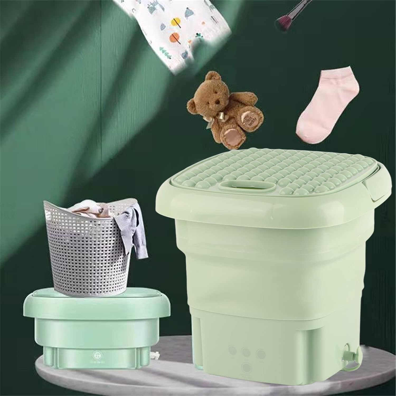 AYNEFY Portable Folding Washing Machine, 3 Modes Deep Washer for Home and Travel, TPE, PP, 10.2 x 8.1 x 8.1in (Green)