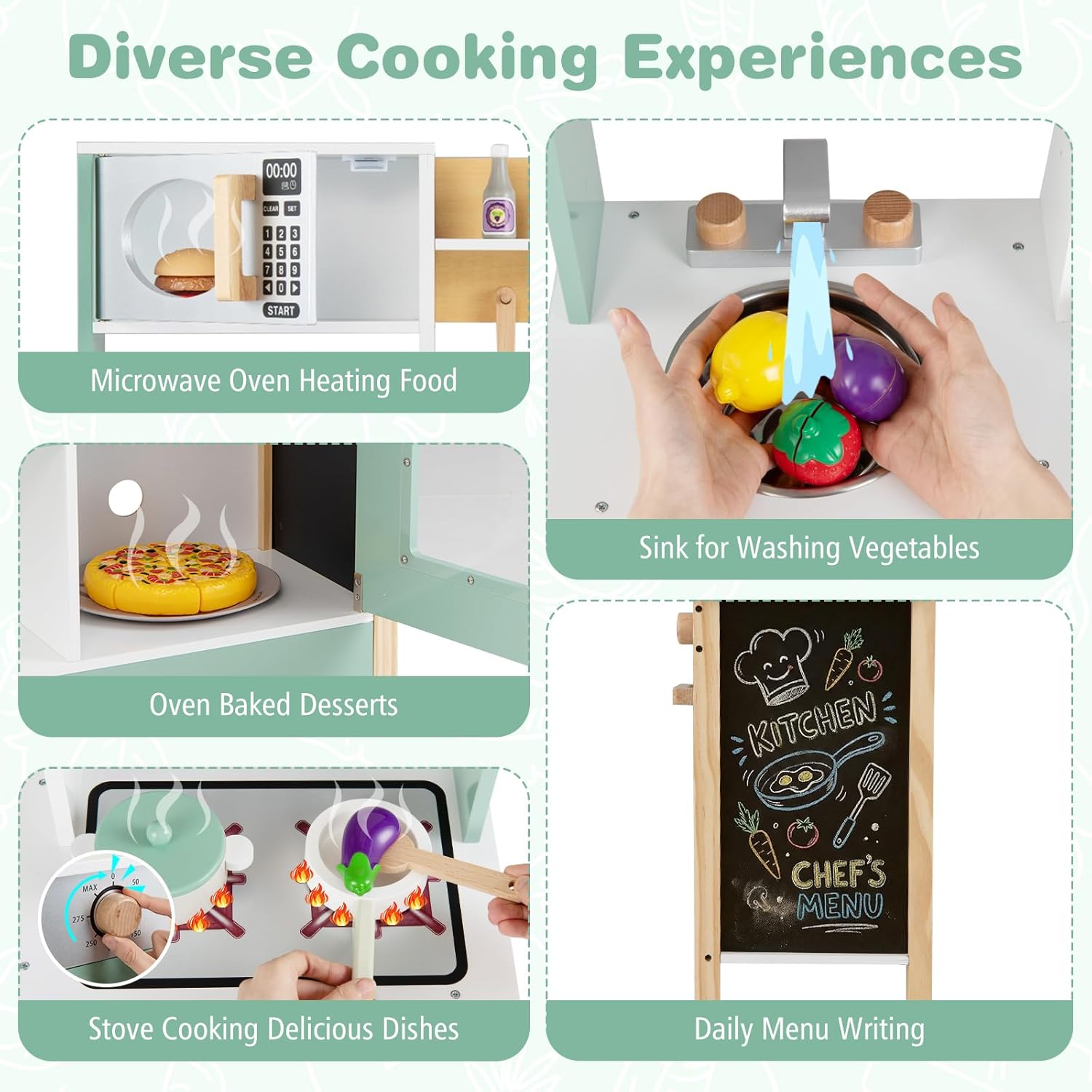 Costzon Kids Play Kitchen, Wooden Toy Kitchen w/Microwave, Water Sink, Oven, Stoves & Cookware Accessories, Pretend Kitchen Playset with Storage for Toddlers, Gift for Boys and Girls Aged 3+