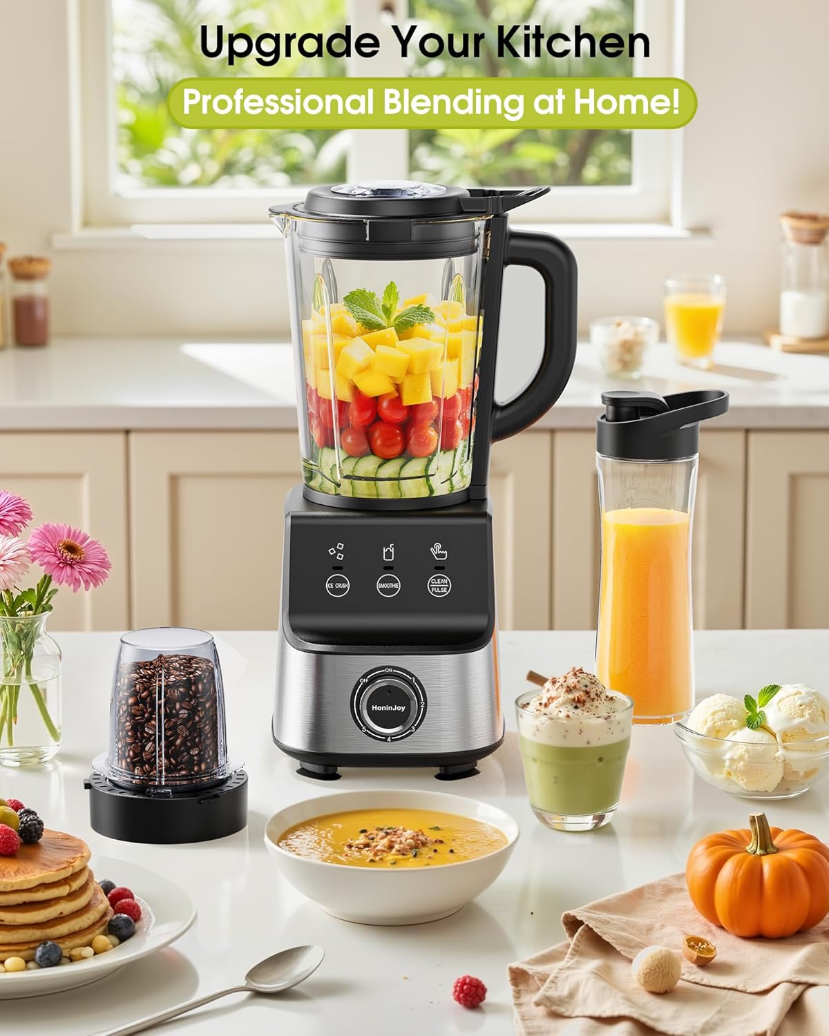Countertop Blenders for Kitchen, 1400W Professional Blender for Smoothies, 3 Functions with 5 Speeds Smoothie Blender, with 51-oz Glass Jar, Grinder & Portable Cup Combo, Self-Cleaning