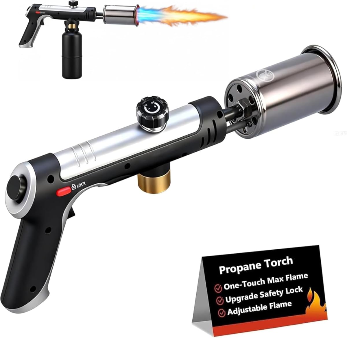 Propane Torch Gun, 3272°F High Heat Torch Gun, Flame Thrower Gun Adjustable Flame & Safety Lock Propane Torch Burner for BBQ Grilling, Charcoal Lighter, Searing Steak, Sous Vide, (Tank Not Included)