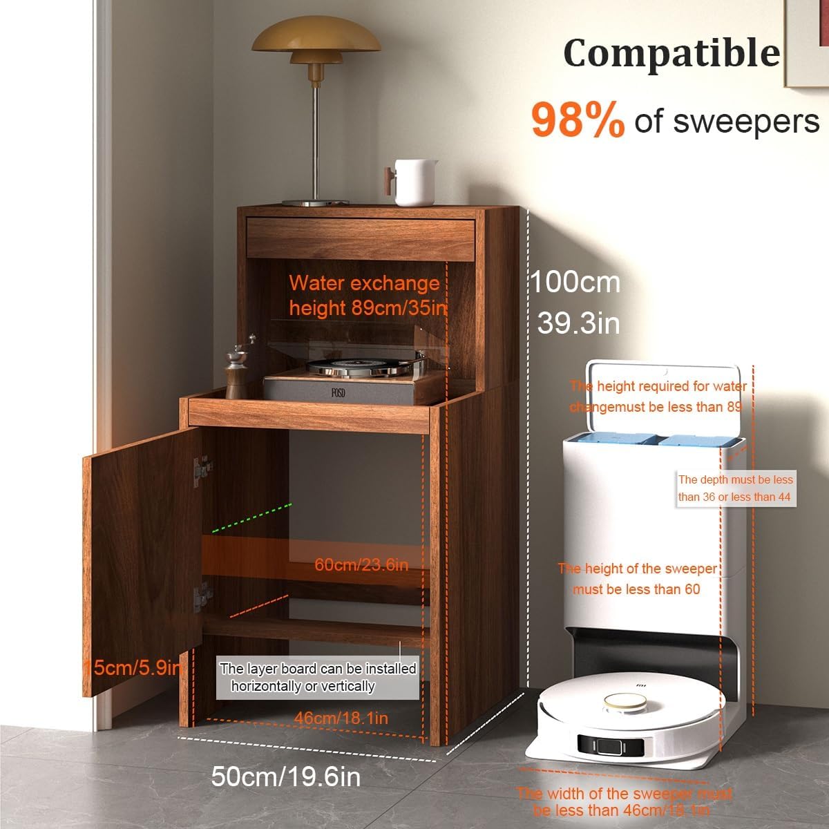 Robot Vacuum Hidden Cabinet with Doors and Drawers, Sweeping Robot Storage Organizer for Living Room, Bedroom, Kitchen, Solid Wood Structure, Easy Water Changing(Yellow)