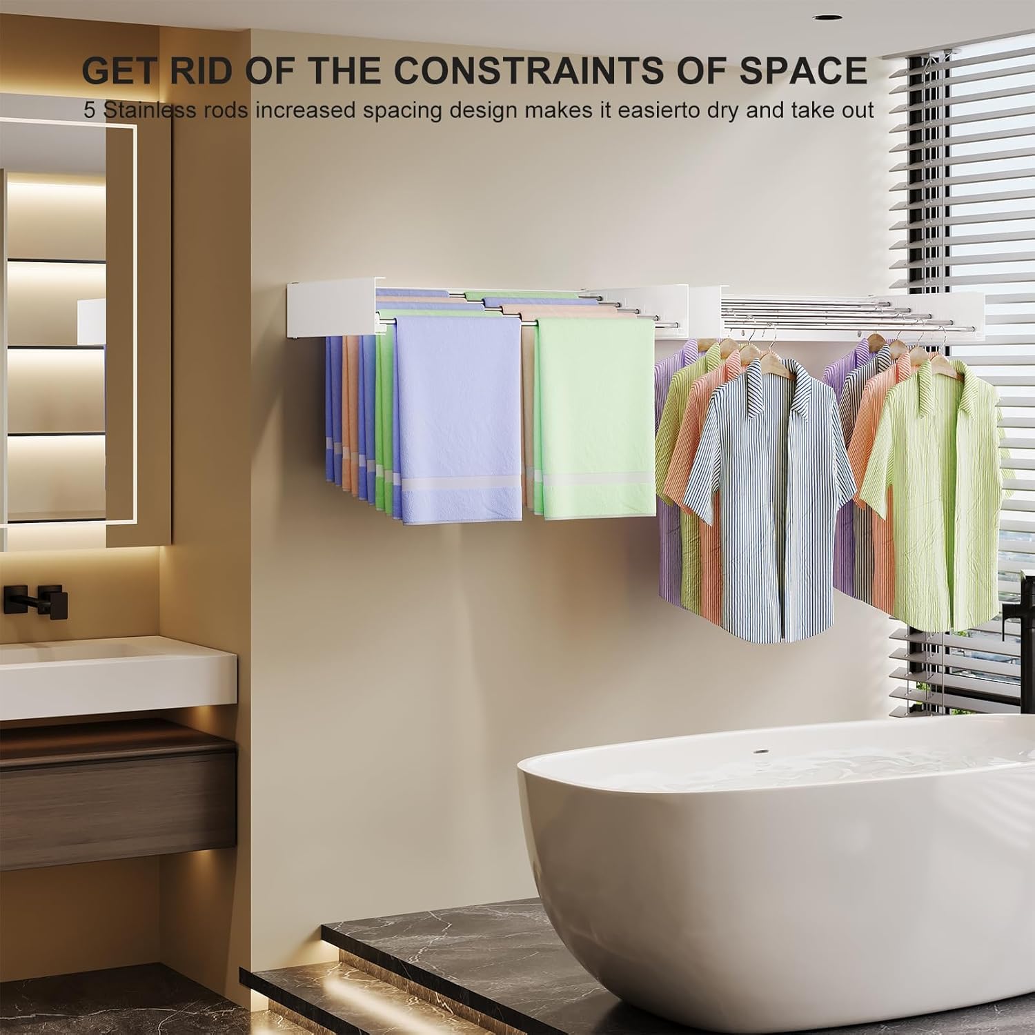 Wall Mounted Drying Rack 31.5 Inch, Laundry Clothes Drying Rack Foldable , Space Saving Collapsible Drying Rack Clothing Wall Mount with Wall Template, 5 Stainless Steel Rods, 60 lb Capacity (White)