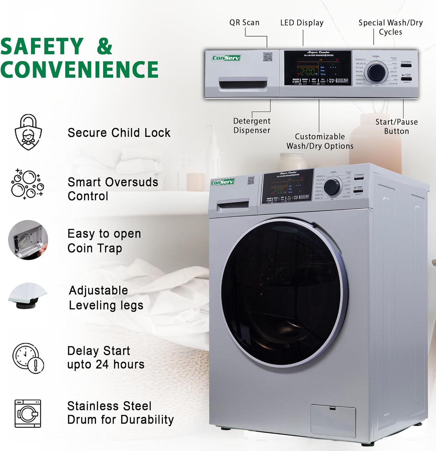 15 lbs Compact Combo Sani Washer Vented/Ventless Dryer with Pet Cycle (White)