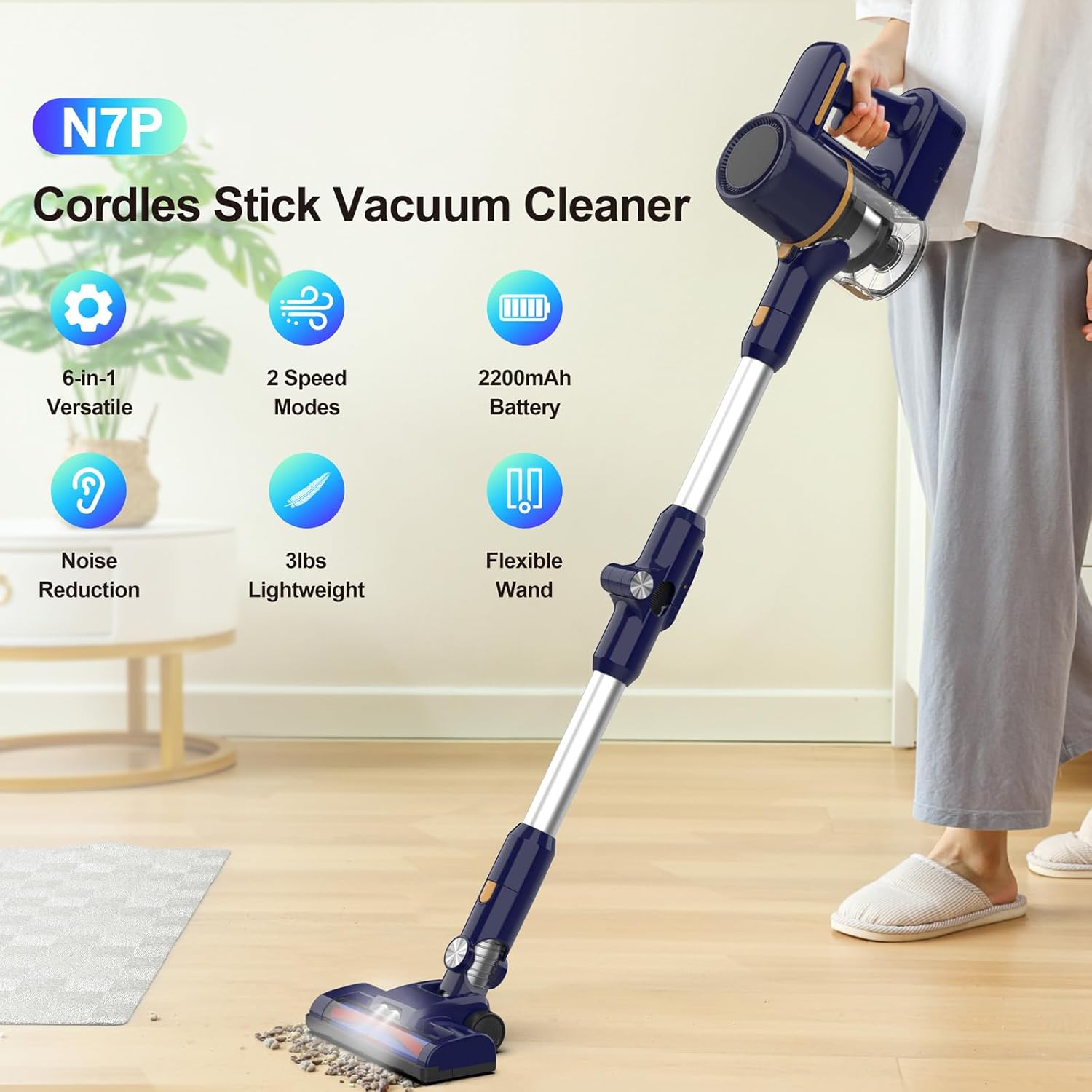 N7P Cordless Vacuum Cleaner, 6-in-1 Lightweight Stick Vacuum with Powerful Suction, 6-Cell 2200mAh Rechargeable Battery, Handheld Vacuum Cleaners for Pet Hair, Carpet, Floor (Blue)