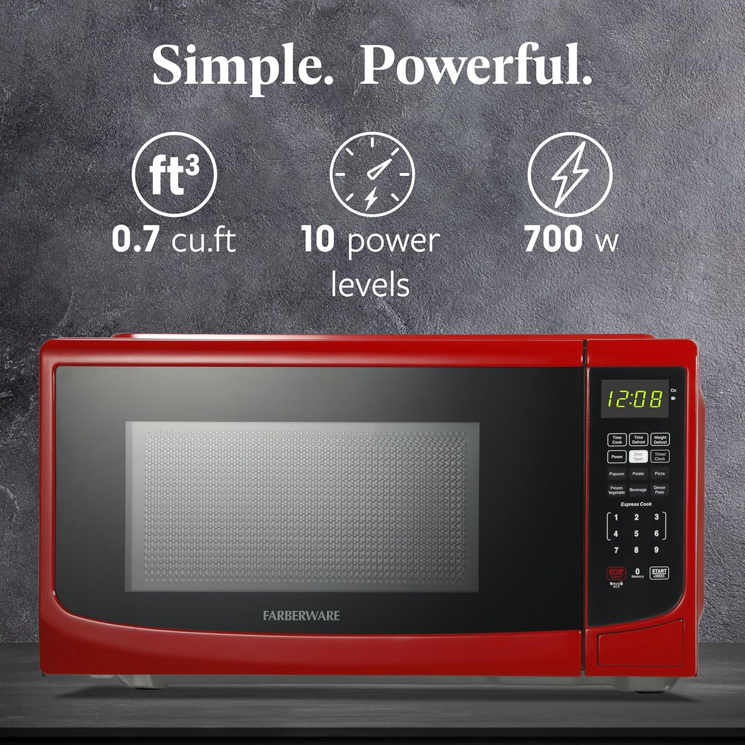 Farberware 0.7 Cu. Ft. Countertop Microwave Oven – 700 Watts Power, Auto Cook Settings, Defrost, Easy Clean and Child Safety Lock - Red