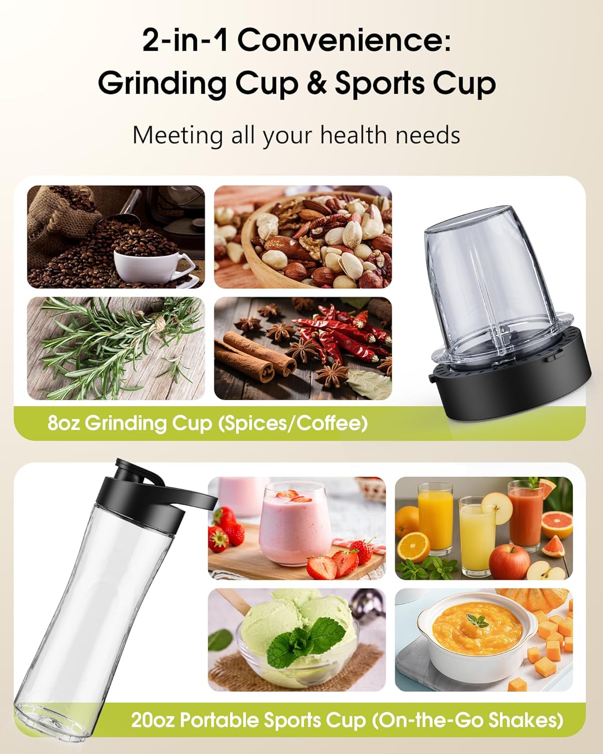 Countertop Blenders for Kitchen, 1400W Professional Blender for Smoothies, 3 Functions with 5 Speeds Smoothie Blender, with 51-oz Glass Jar, Grinder & Portable Cup Combo, Self-Cleaning