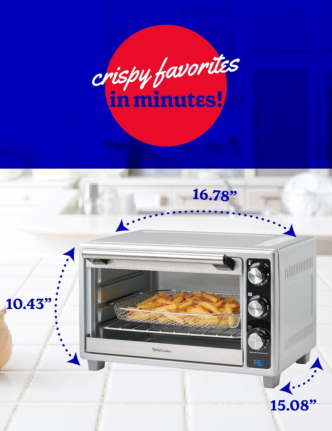 Betty Crocker Air Fryer Convection Toaster Oven, Multifunction 6-Slice Toaster and Air Fryer Oven, 0.8 Cu. Ft. 6 Slice Capacity AirFryer Toaster Oven Combo, 7 Function Convection Oven,Silver