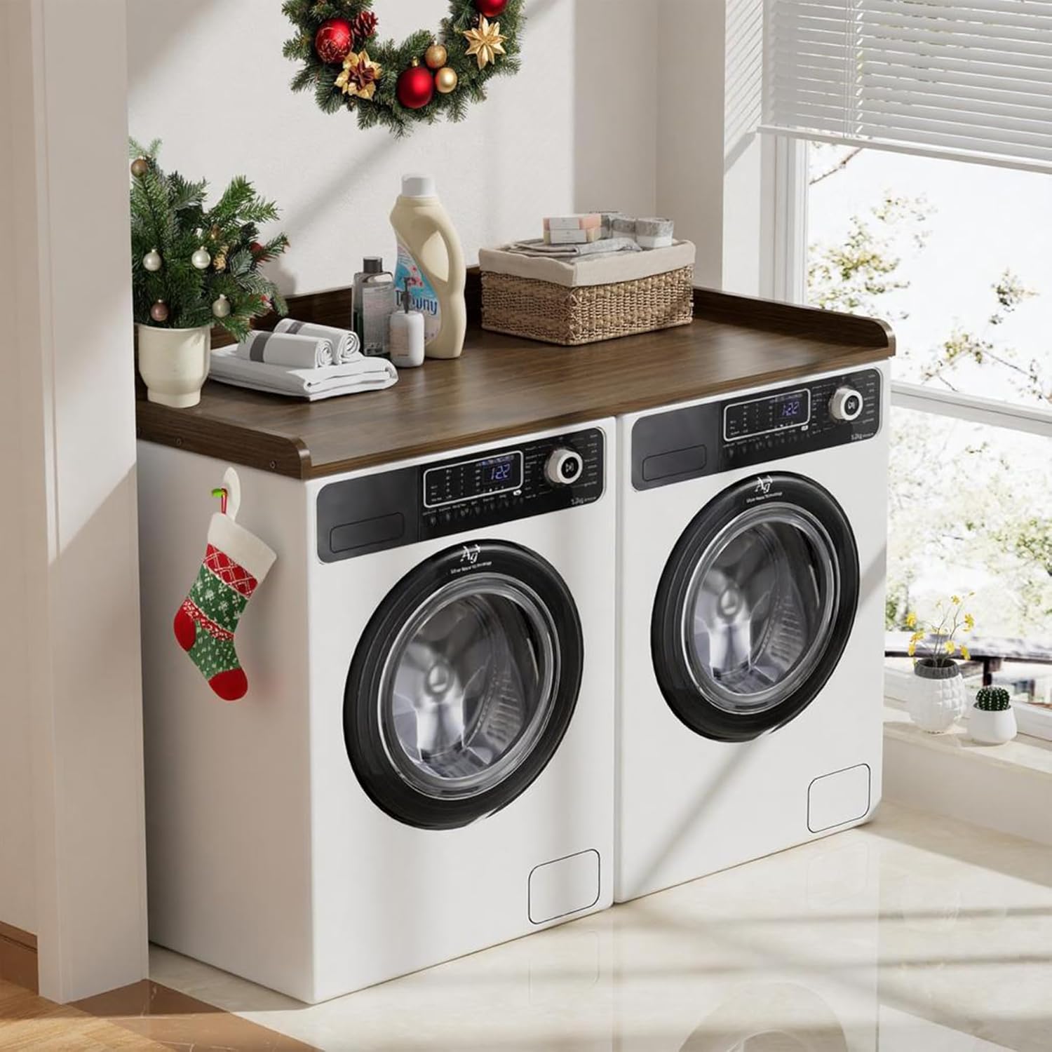 COOLBEBE Washer Dryer Countertop, Wood Washer Dryer Topper with Edge, 54