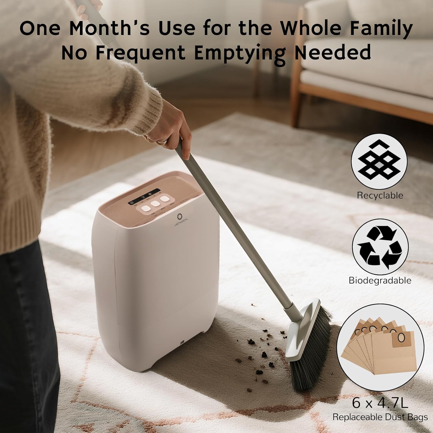 AIRTHEREAL T1 Plus Touchless Vacuum Automatic Dustpan with 6-Pack Disposable 4.7L Dust Bags, 3 Suction Modes, HEPA Filter, Ideal for Pet Owners, 20Kpa 1500 Watt Powerful Suction for Kitchen, Salon