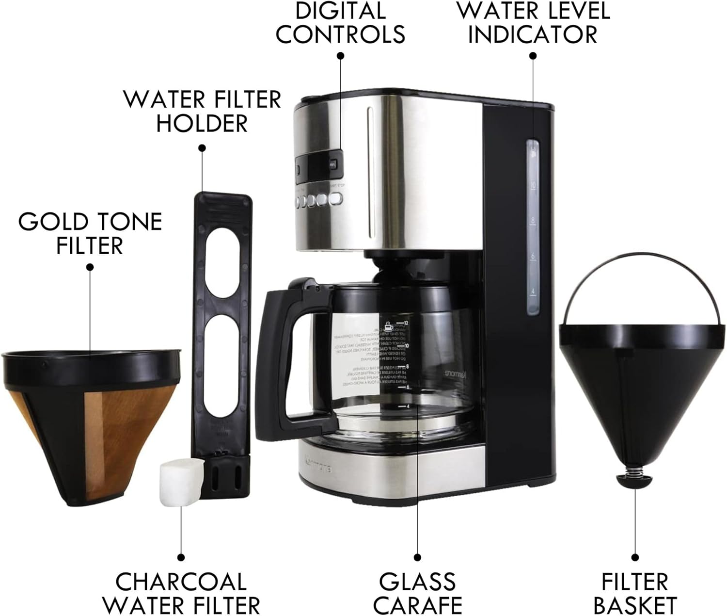 Kenmore Drip Coffee Maker - Programmable Cafe Machine With Glass Pot, Regular & Bold Brew, Auto Shut Off Large Water Reservoir, Reusable Filter, Kitchen Appliances For Cafeteria Barista, 12 Cup Black