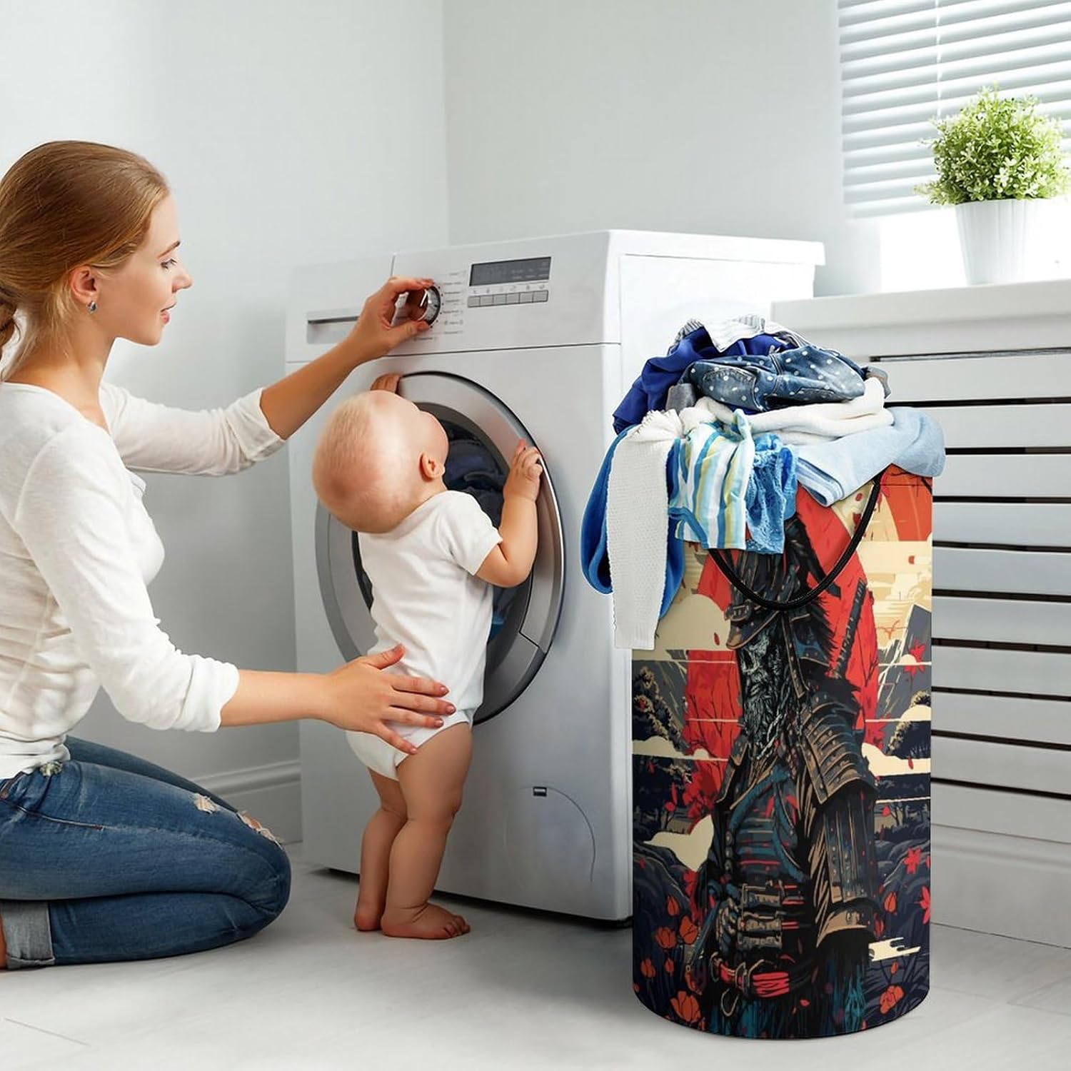 Gothic Japan Samurai Laundry Hamper Dirty Clothes,Abstract Japanese Cherry Blossom Skull Anime Samurai Maple Leaf Mount Large Laundry Basket Storage Basket For Bathroom 15.7W