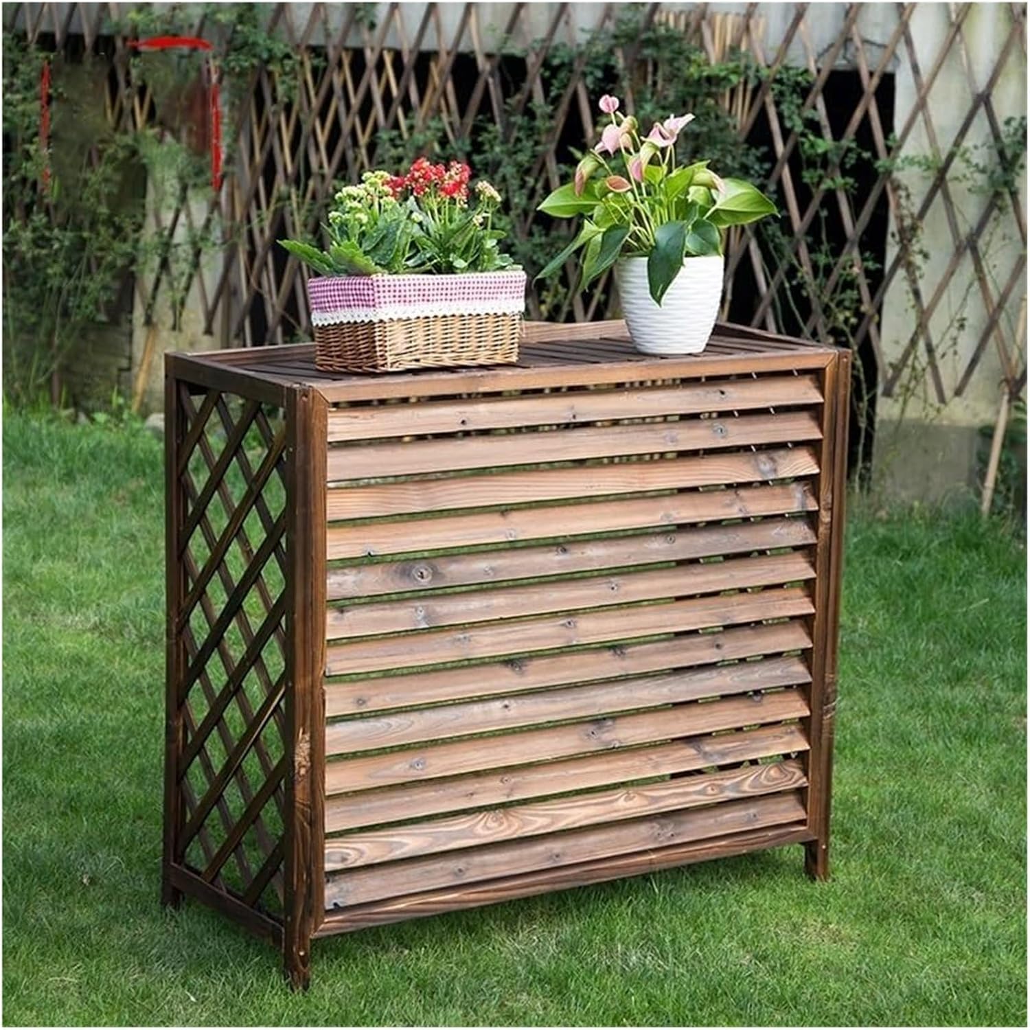 Outdoor Air Conditioner Unit Flower Stand Fence Screen to Hide Air Conditioner, Wooden Privacy Screen Decorative, Pool Equipment Trash Can Enclosure Ac Fence for Outside Unit(105x47x100cm)