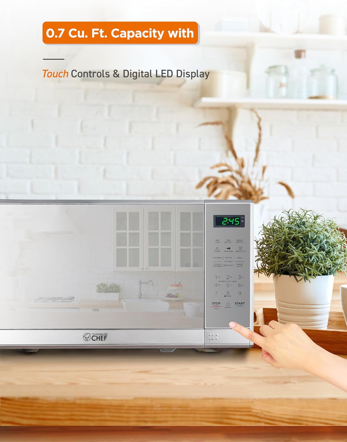COMMERCIAL CHEF 0.7 Cu Ft Microwave with 10 Power Levels, 700W Microwave with Digital Display, Countertop Microwave with Child Safety Door Lock, Programmable with Push Button, Stainless Steel