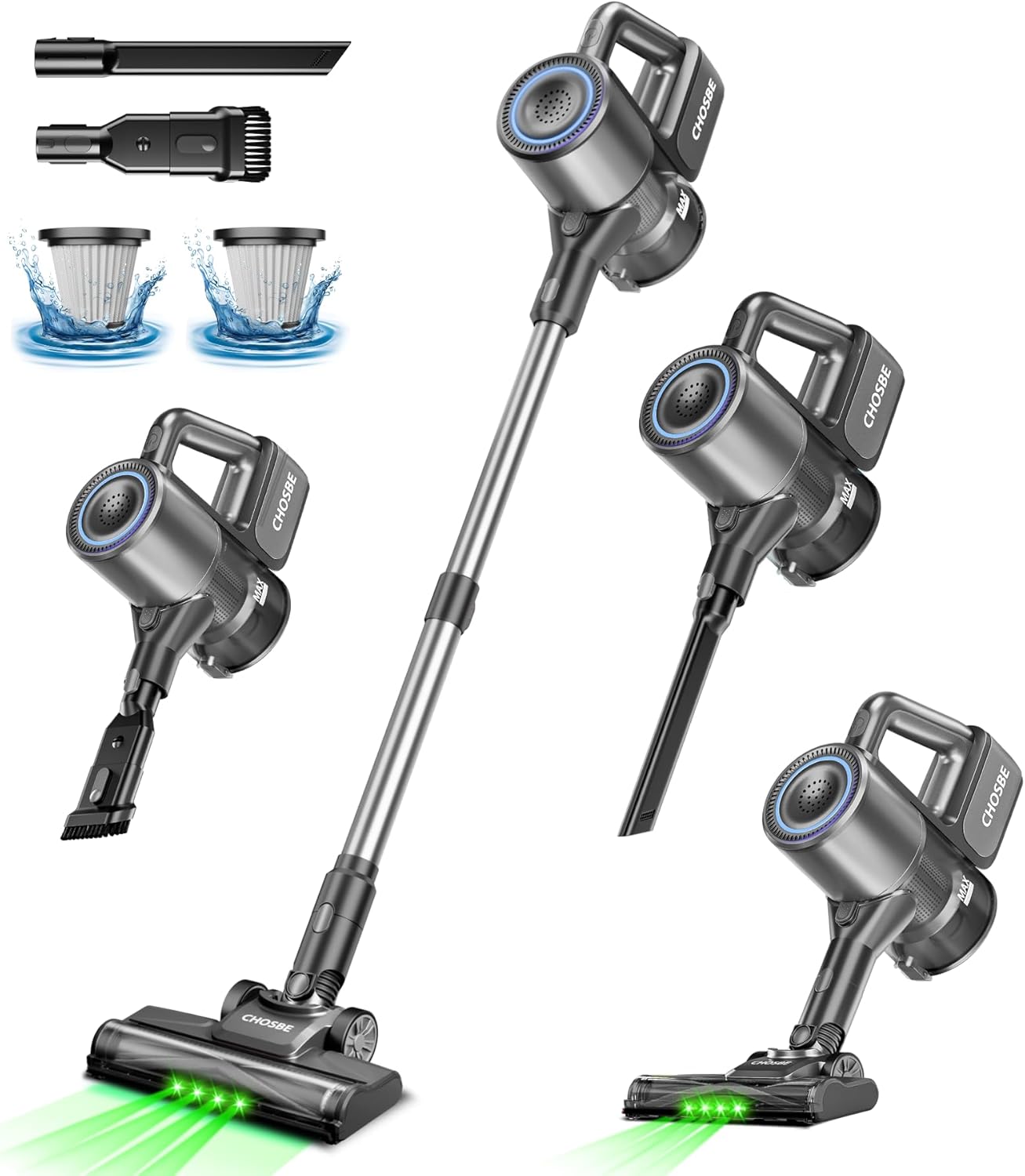 Cordless Vacuum Cleaner, 500W/35Kpa Self-Standing Lightweight Stick Vacuum with Green Light, 45Mins Runtime Vacuum Cleaners for Home, Anti-Tangle Vacuum for Pet Hair Hardwood Floor Carpet, Grey