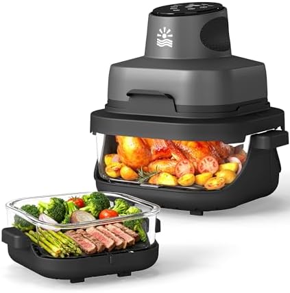 Portable Glass Air Fryer - 1500W, 4.2 QT & 6-Cup Dual Glass Containers with Lids, 4-in-1, 60 Min Timer, 140°F-400°F Adjustable, Microwave, Freezer & Dishwasher Safe, Grey