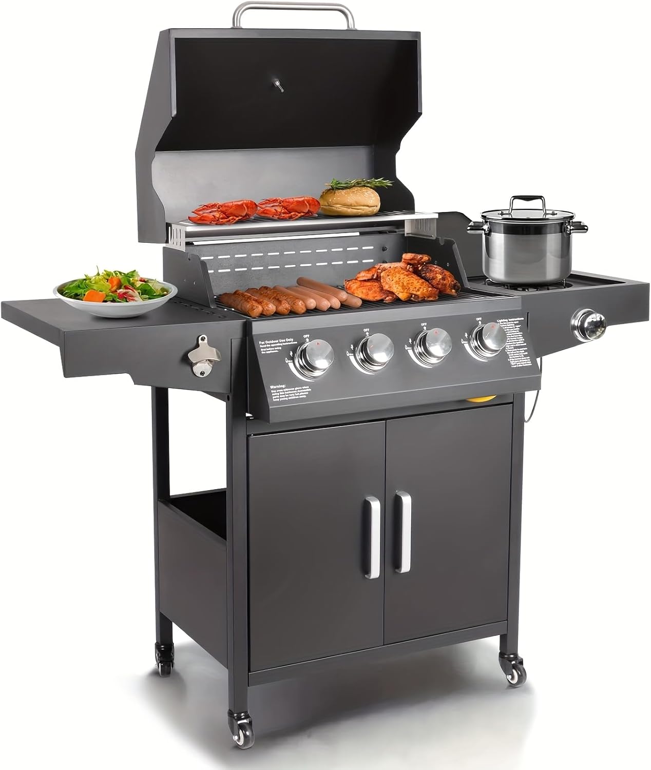 Black Freestanding Propane Gas Grill Featuring 4 Burners And a Side Burner, Equipped with Wheels for Outdoor Barbecue Cooking in The Garden. (1)