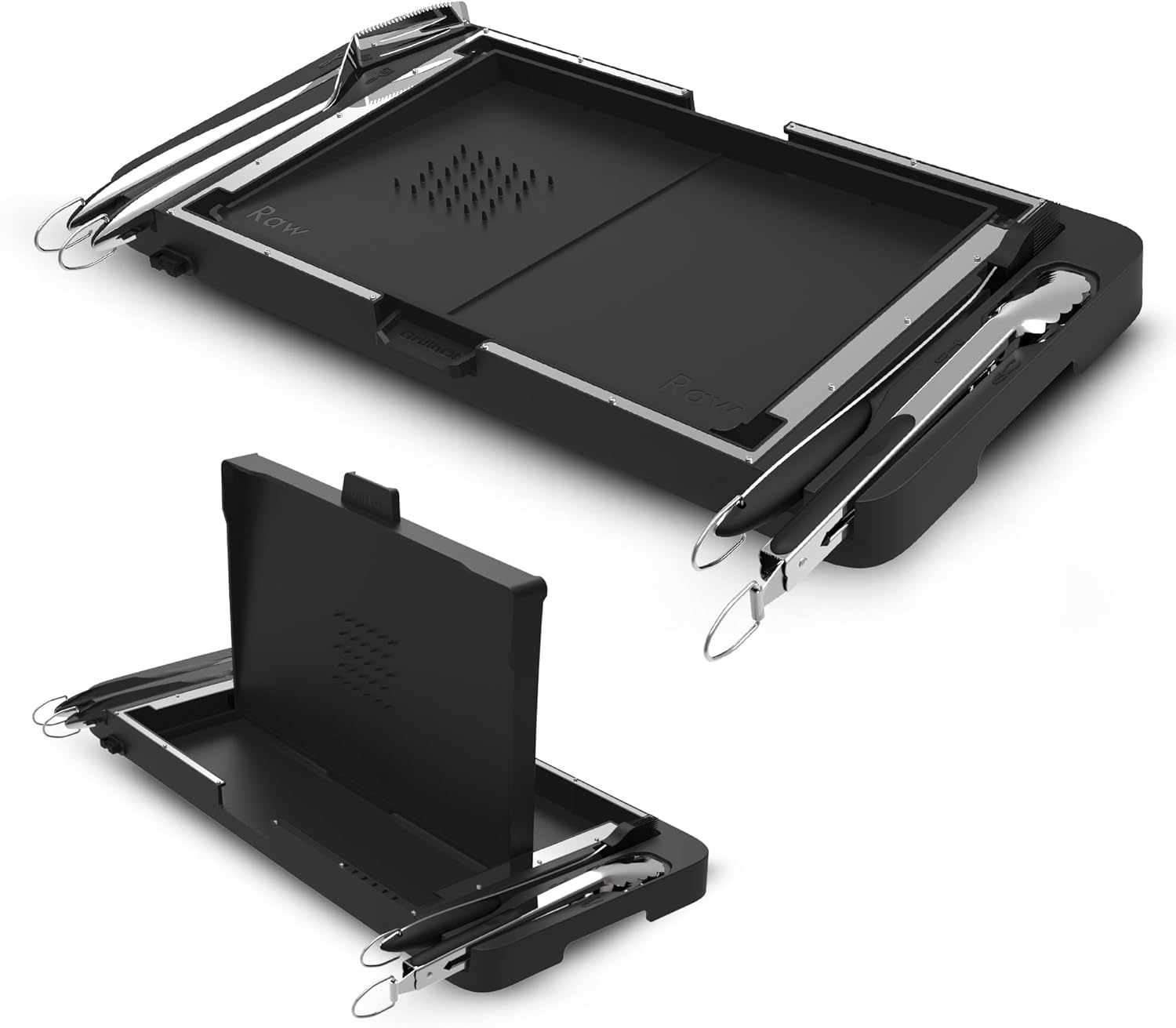 Grillbot FlipTray Dual-Sided Grilling Prep and Serving Tray - Raw/Cooked Food Separation, BBQ Grill Carry System Tray, Built-in Stainless Tools, BPA-Free, Dishwasher Safe, Tray for Outdoor Grill