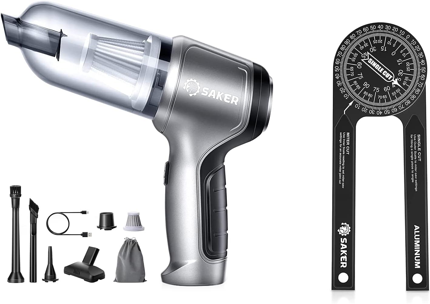 Saker Mini Vacuum Cleaner for Car,3 in 1 Keyboard Vacuum Cleaner Wireless Handheld Miter Saw Protractor|7-Inch Aluminum Protractor Angle Finder Featuring Precision Laser