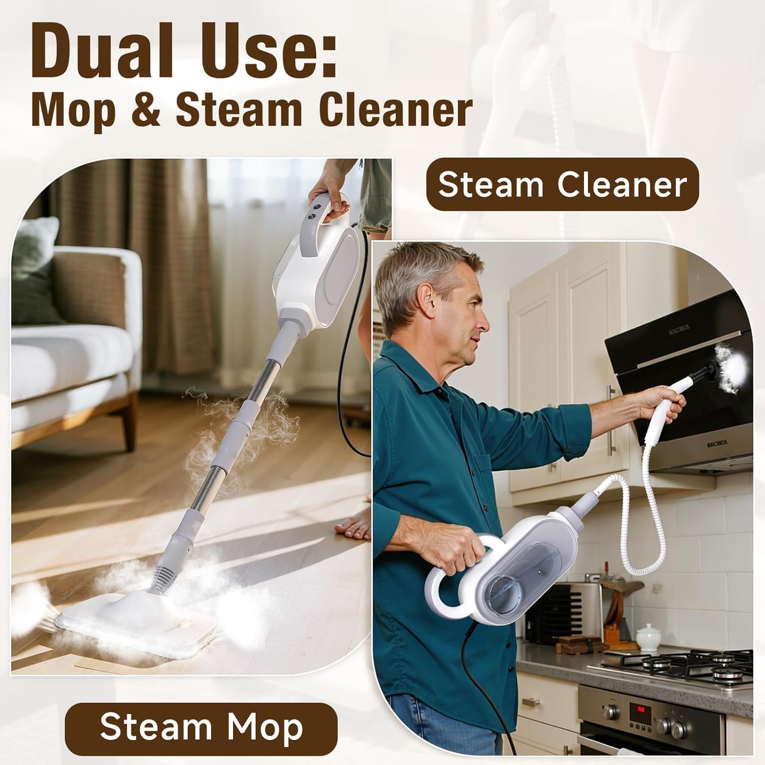 Steam Mop, 13-in-1 Powerful Handheld Steam Cleaner with 14 Accessories, 16.9OZ Removable Tank & 23FT Power Cord, Detachable Steam Mops for Floor Cleaning, Tiles, Windows, Carpets