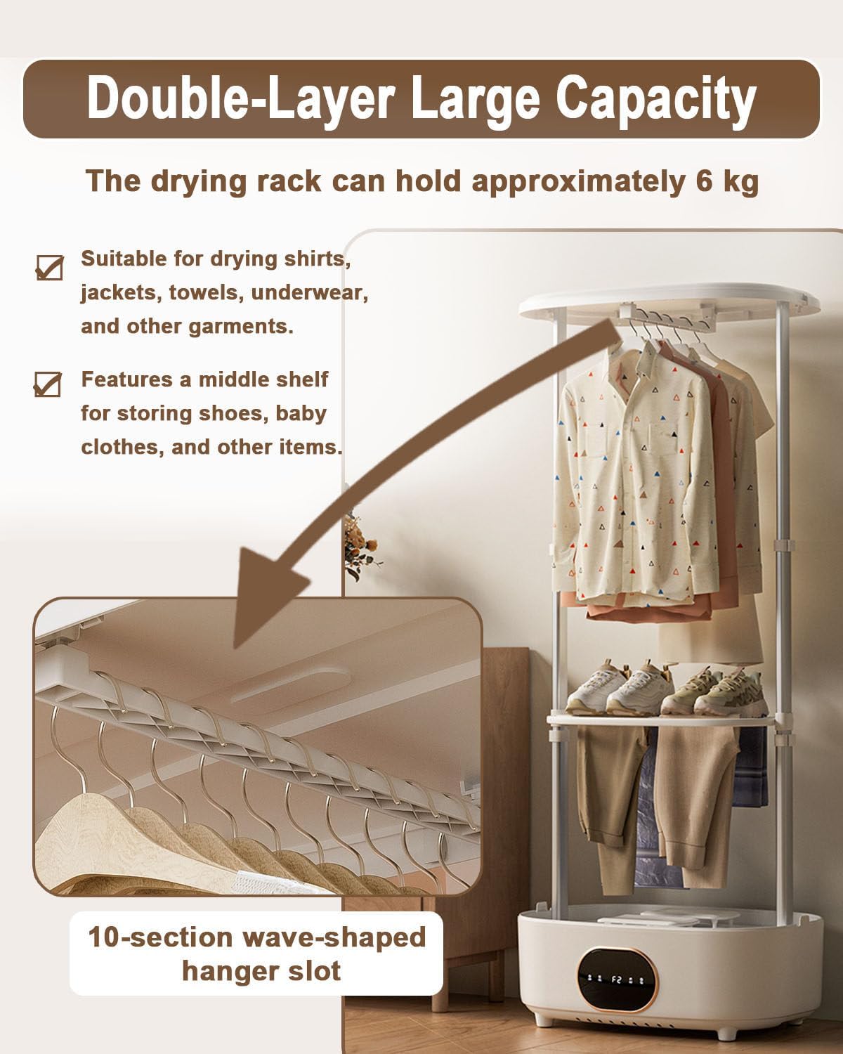 Compact Clothes Dryer Machine with Heater Function, Space-Saving Foldable Clothes Drying Rack, for Travel, Balcony, and Walk-in Closets, Touch + Remote Control, Dual-Layer Design