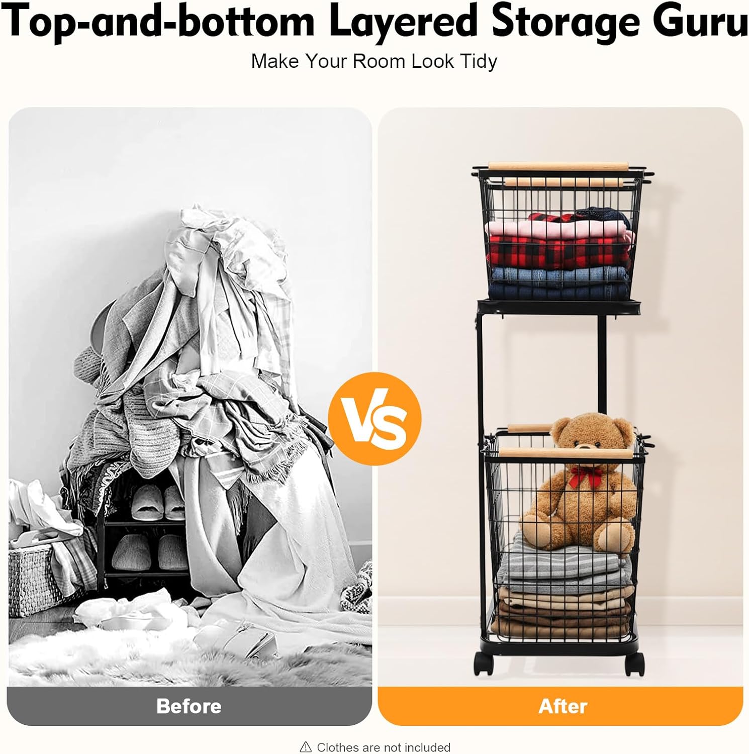 Laundry Basket 2 Tier Metal Laundry Basket With Wheels, Iron Beech Wood Spray Molding, 88.18LBS Load 4 Wheels 2 Brakes, Removable Baskets Hollow-out Breathable, Home