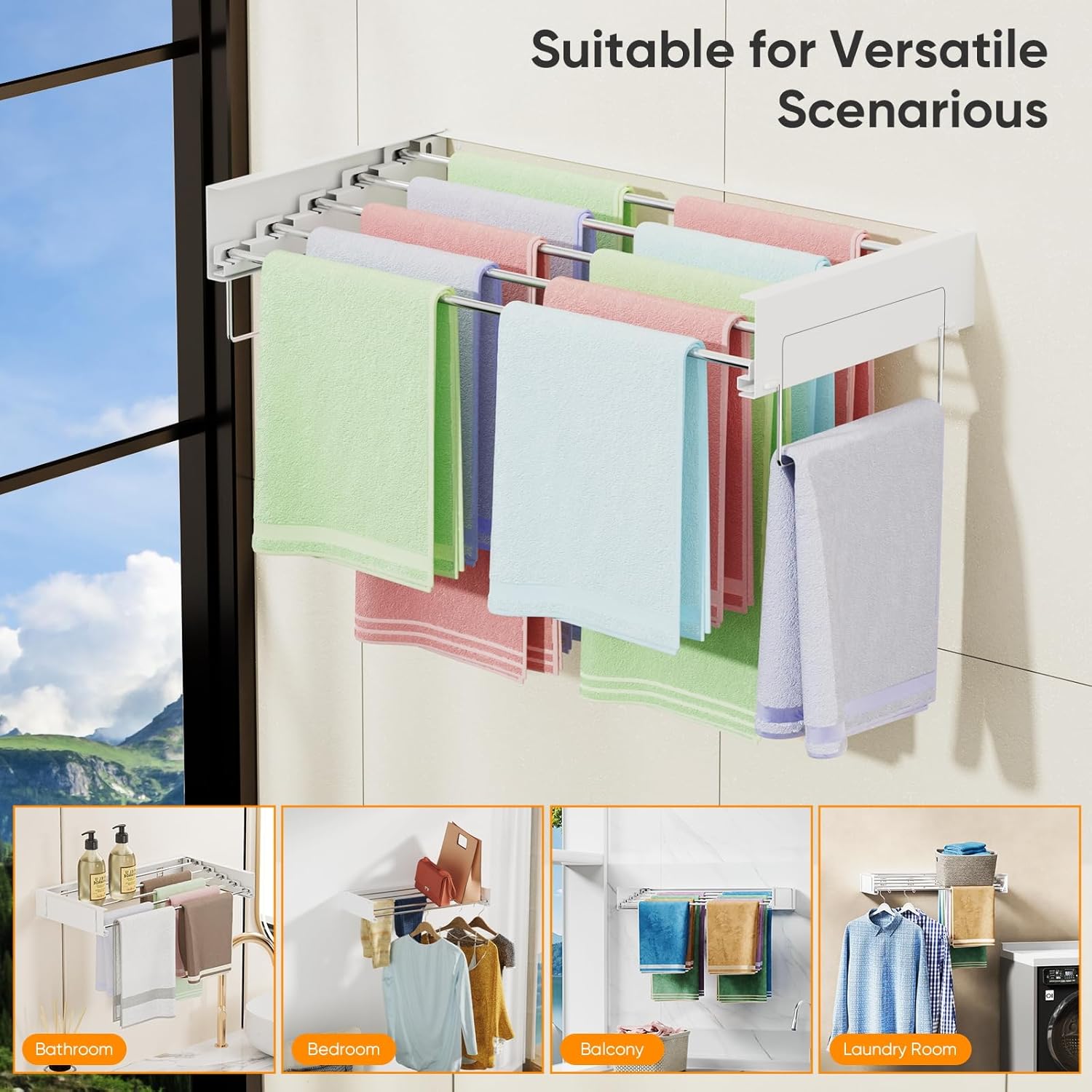 Wall Mounted Drying Rack, Laundry Clothes Drying Rack Foldable, Collapsible Hanger Clothing Wall Mount with 2 Towel Handles and Wall Template for Indoor Outdoor Hanging Clothes, 5 Rods, 31.5 Inch