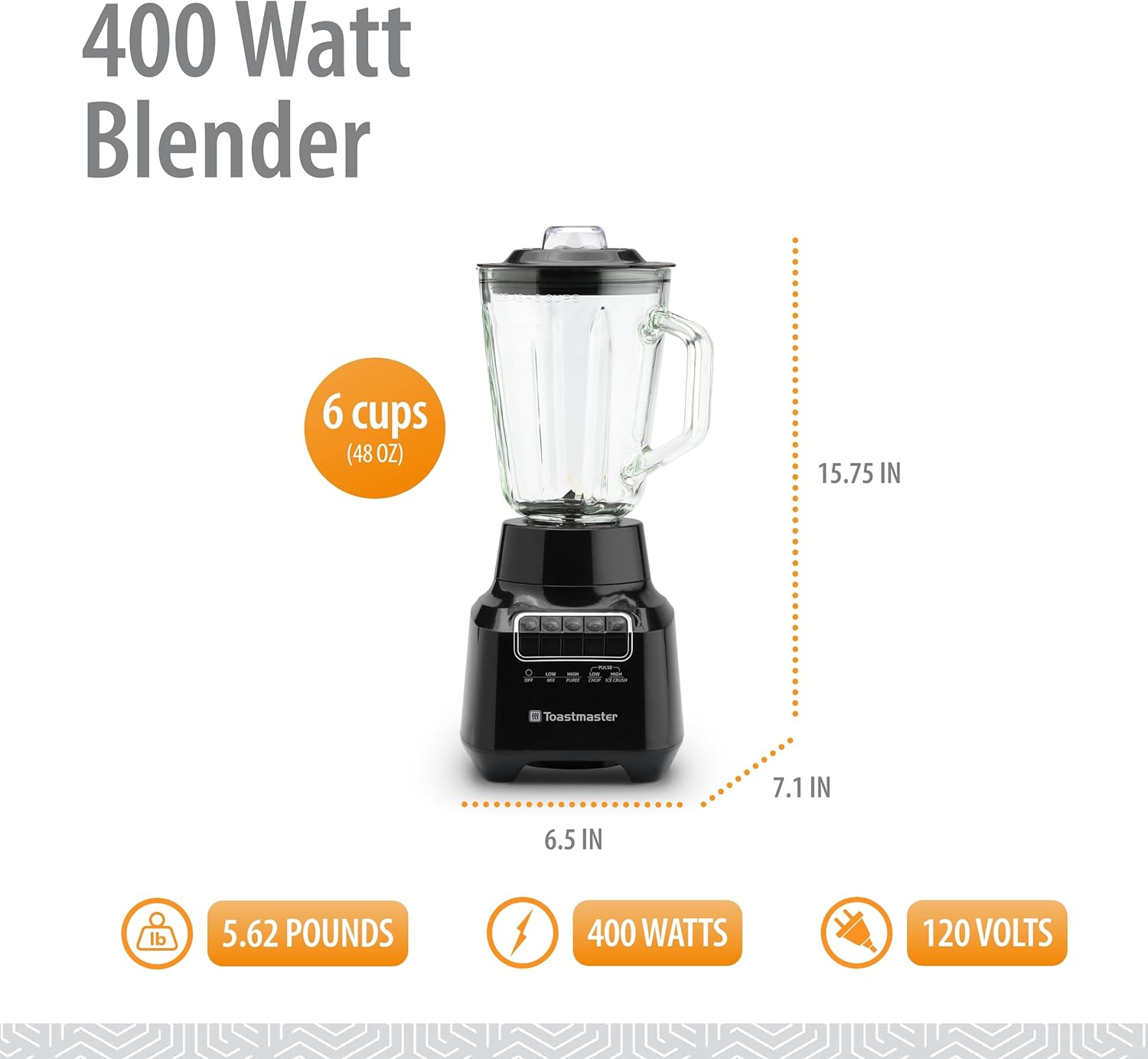 Toastmaster 400 Watt Blender with 48 oz Glass Jar - For Fruit Smoothies, Shakes & More - Powerful Kitchen Blender with Multiple Speeds - Stainless Steel Blades