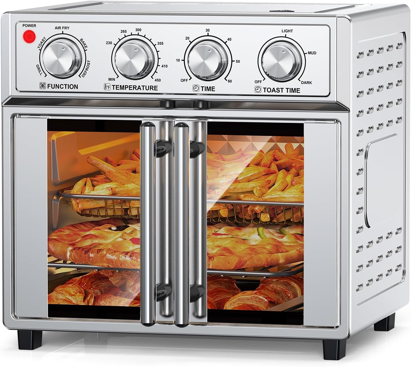 Versatile Air Fryer Oven 7-in-1 26qt Large Capacity Convection Toaster Oven Combo with French Doors 7 Preset Menus for Air Fry Bake Toast Roast Stainless Steel Countertop Oven 1700w Automatic Shutdown