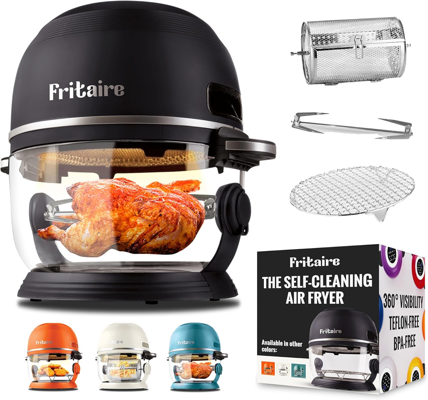 Non Toxic Air Fryer™ - Glass AirFryer 5 Quart w/ 360 Visibility, Self-Cleaning, 400F Vortex Air Fryer for Even Cooking, BPA-Free Teflon Free, 9-in-1 Functions, Rotisserie, Roast, Bake, Black