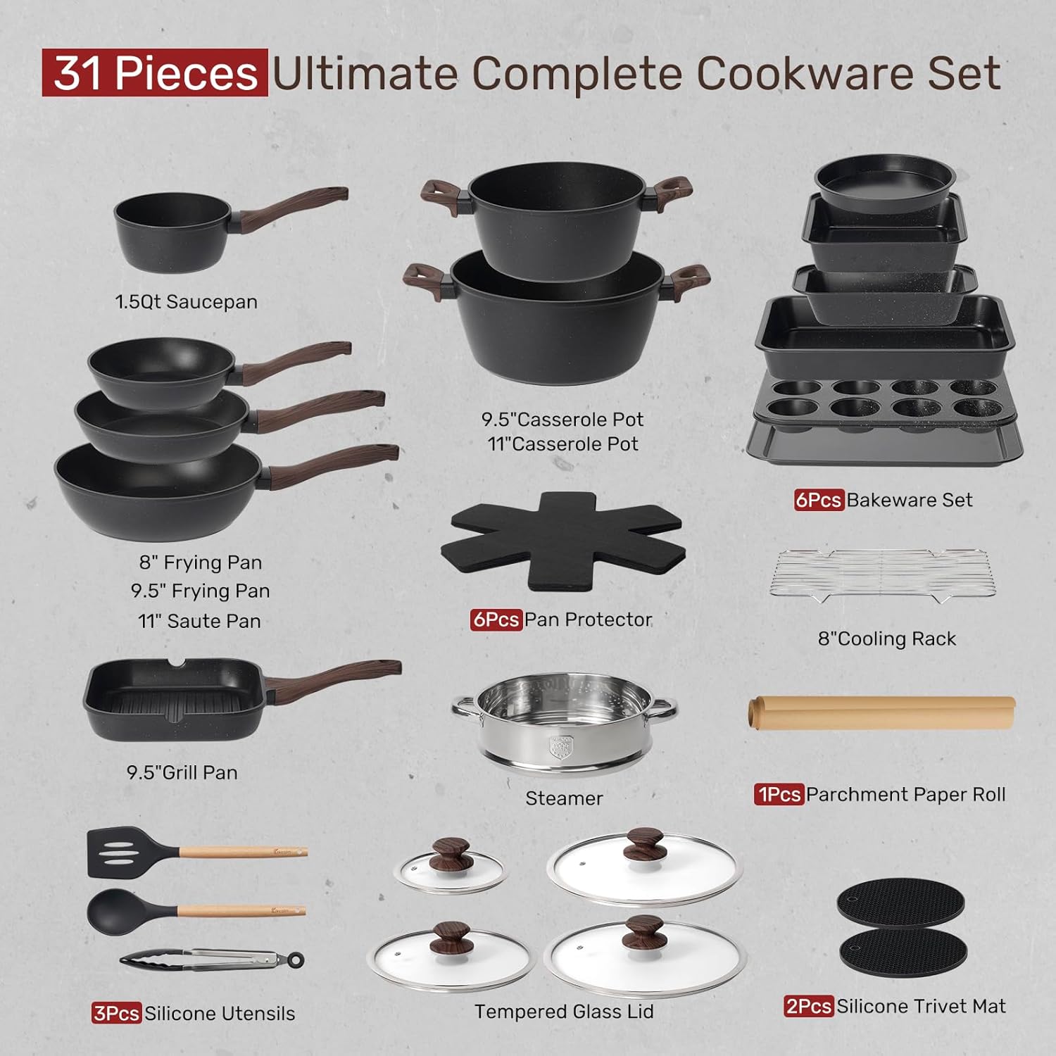 Kikcoin Pots and Pans Set Non Stick 31 Piece Kitchen Nonstick Cooking Cookware Sets with Grill Pan Saucepan Baking Sheet Utensil, Black