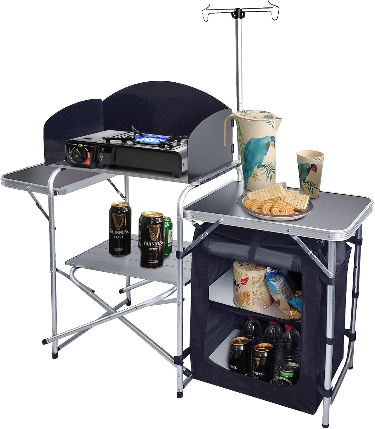CampLand Folding Camping Kitchen Table with Windscreen,Portable Outdoor Cooking Station with Storage Cabinet & Side Tables Heavy Duty Camp Cook Station for Camping & BBQ (Black)