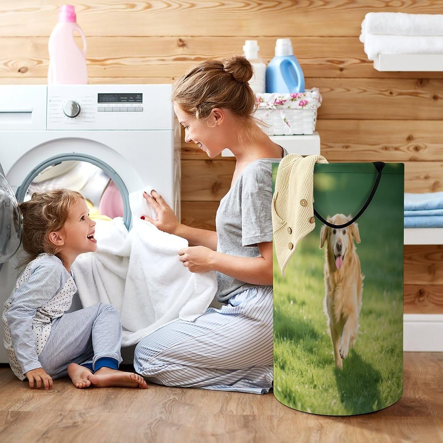 86L Large Laundry Hamper Golden Retriever Patterned Dirty Laundry Hamper Foldable Laundry Bag with Handle Suitable for Bedroom Living Room And Bathroom Washing Machine