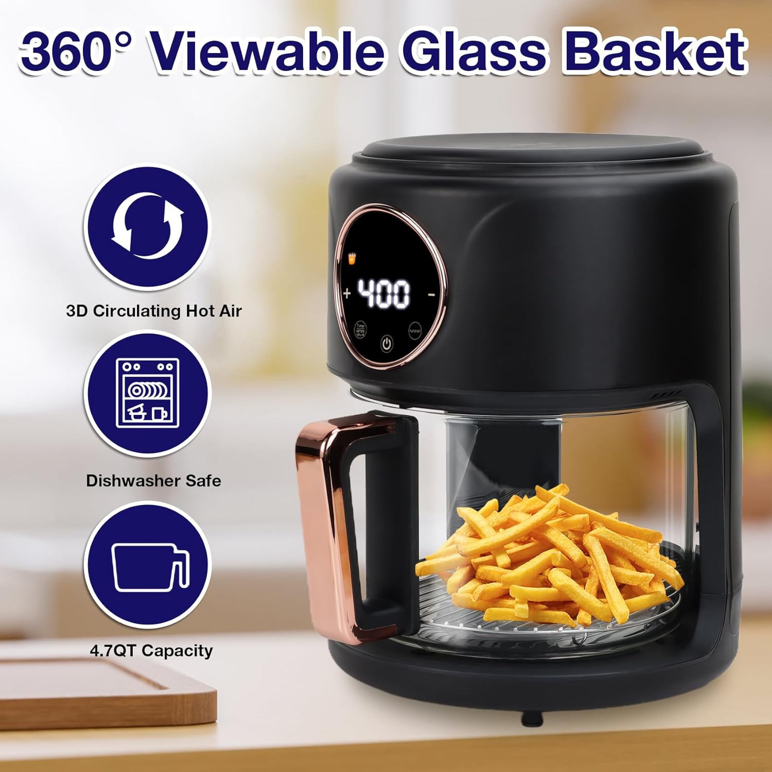 4.7QT Glass Air Fryer, 360° Viewable Glass Air Fryer Non Toxic, 6-IN-1 Preset Cook Modes, Digital Display, Adjustable Temp 100F - 400F, Nonstick, Dishwasher Safe, Black