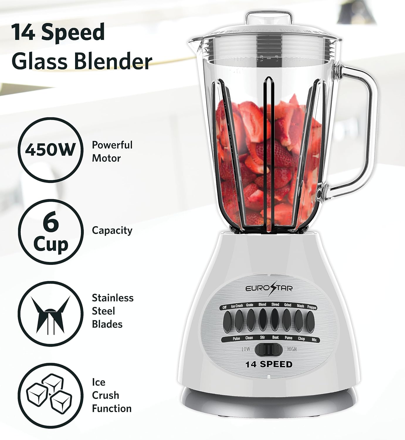 EUROSTAR 450W 14-Speed Glass Jar Blender (WHITE)