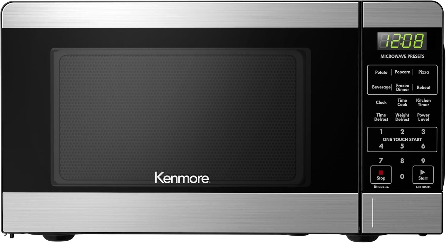 Kenmore Countertop Microwave, 6 Auto-Preset Menus, Child Lock, Defrost & Express Cooking Features, 900 Watt, .9 Cu Ft, Stainless Steel