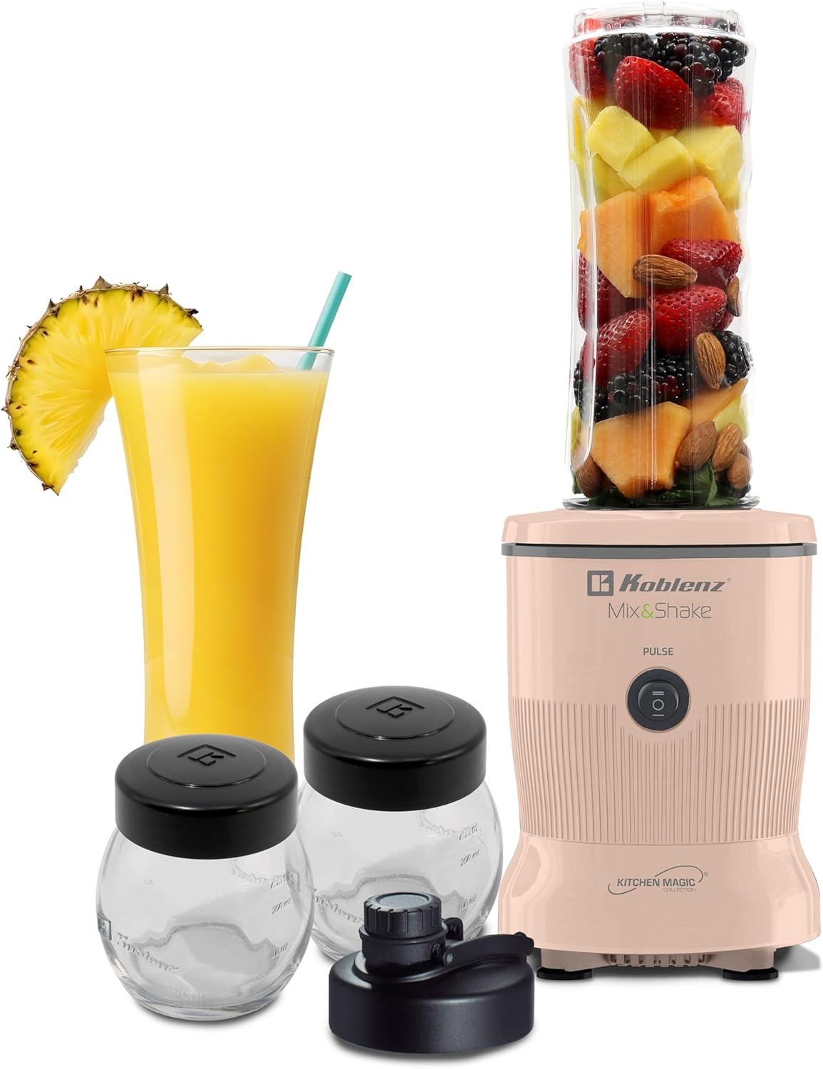 Mix&Shake Blender, 20 oz Portable Blender, 600W Motor, Pulse, ON/OFF, Stainless Steel Blades, Shakes, Sauces, Smoothie Maker, (1) 20 oz To-Go Bottle, (2) 10 oz Glass Jars, Pink, MSKM-600 2PS