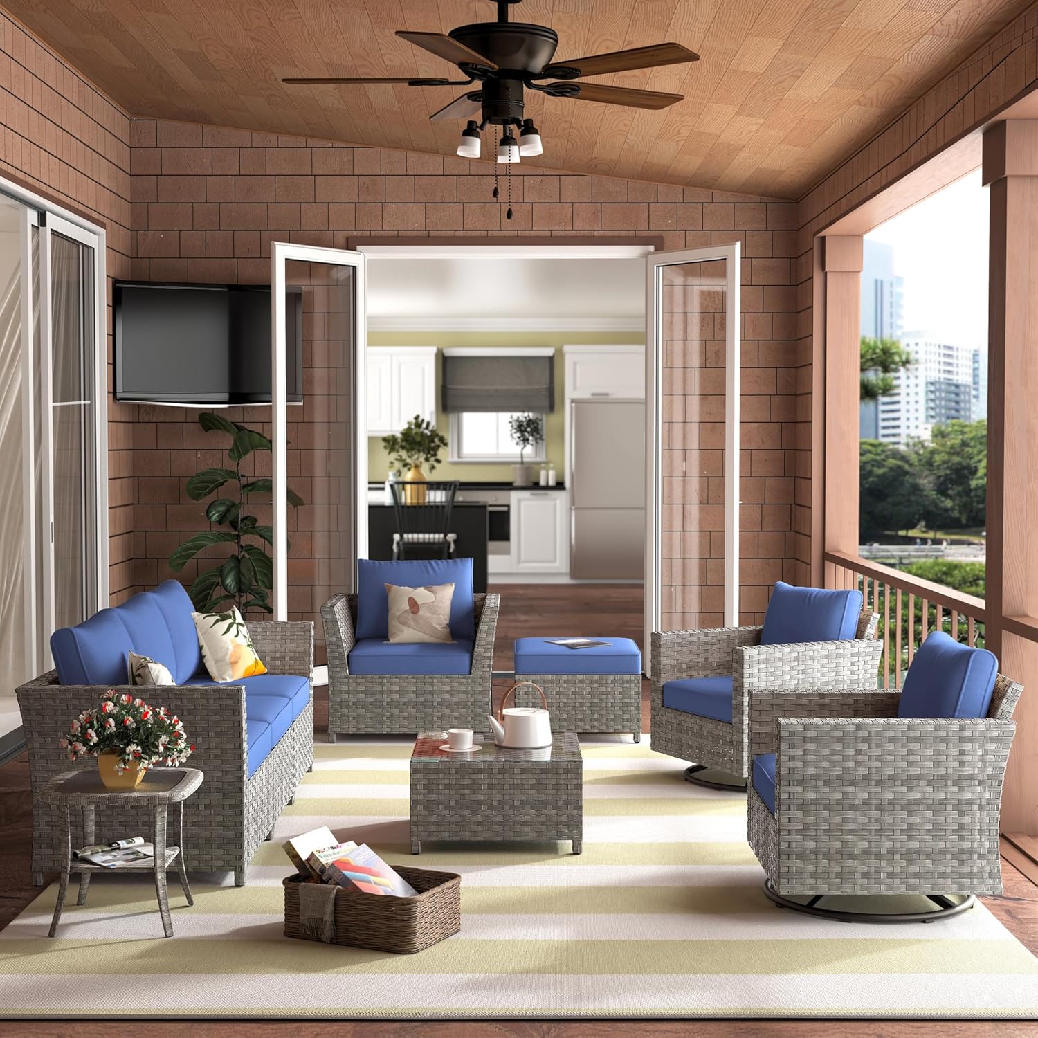 9 Pieces Outdoor Patio Furniture Set Wicker Sectional Sofa with Rocking Chair Tea Table Patio Rattan Conversation Chair Sofa Set