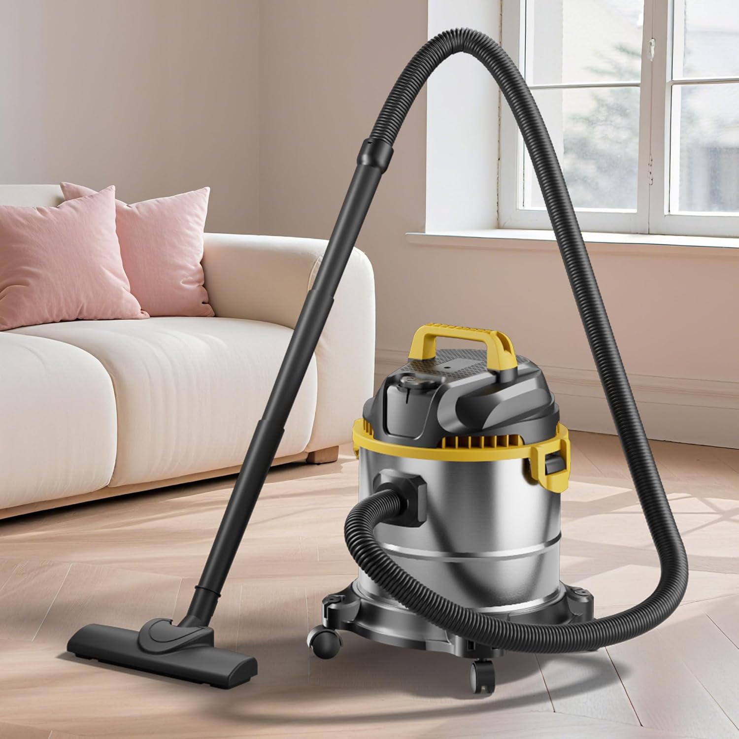 5.5-Gallon Premium Stainless Steel Wet/Dry VacuumCleaner, 12-Foot Power Cord, 20KPa Powerful Suction withblower Function, Ideal for pet Hair, garages, Cars, andhome workshops.