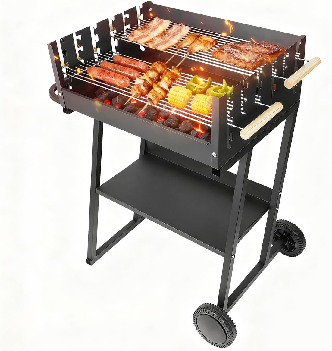 Portable Charcoal Grill, Skewer Charcoal Grill with Wheels and Handle for Picnics Camping and Backyard Cooking