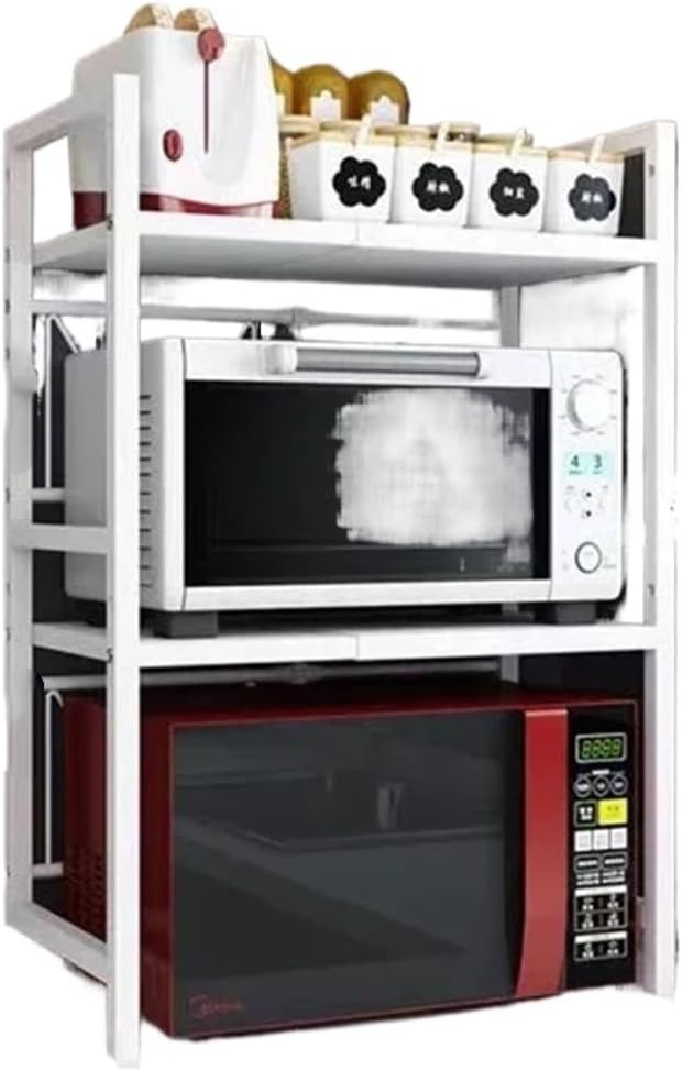 Carbon Steel Thickened Retractable Kitchen Shelf Microwave Rack Oven Rice Cooker Storage Household Double Layer(Double Layer White)