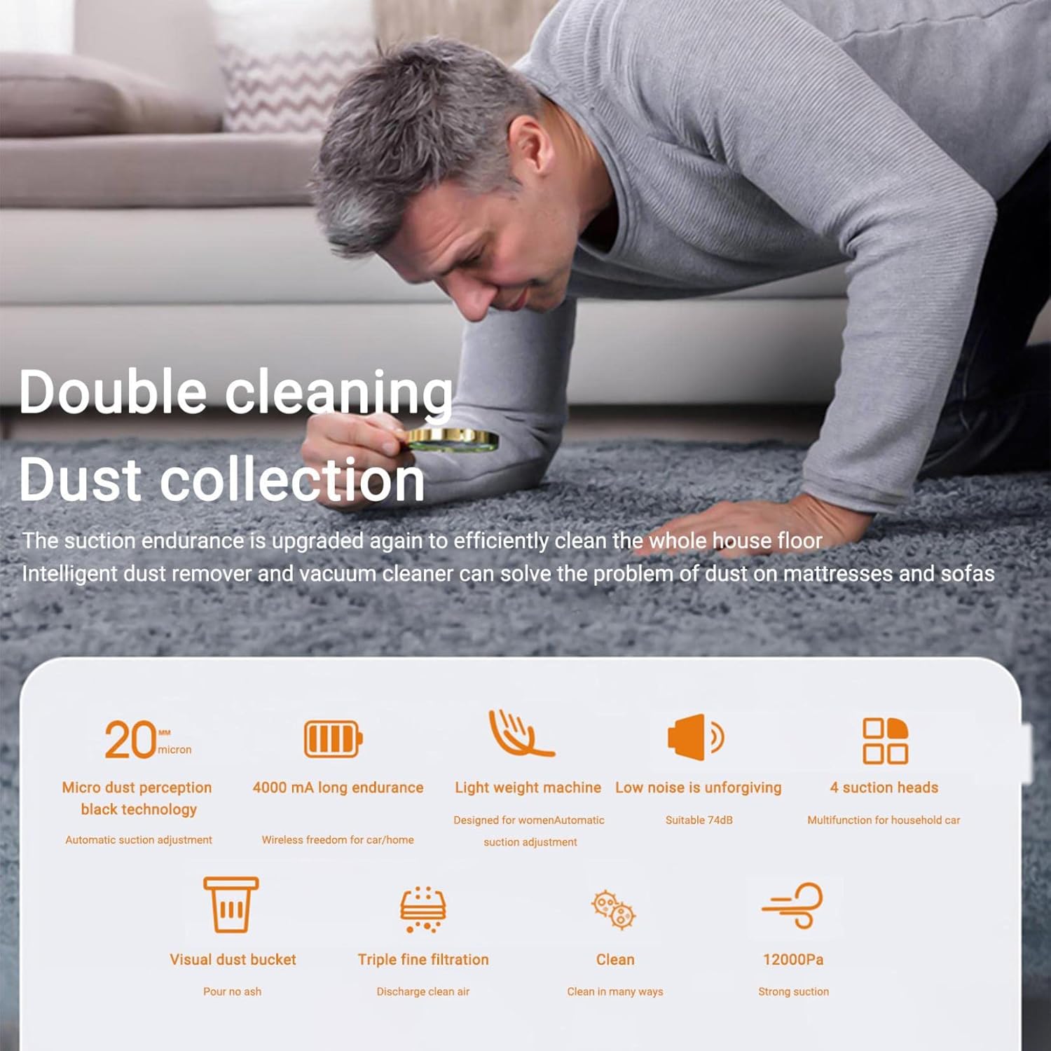 Handheld Vacuum Cleaner,12000Pa High Power Suction Car Vacuum Cleaner,Portable Dusts Buster with Filter,4 Nozzle Vacuum Cleaner for Carpet,Bed,Sofa,Pet Hair