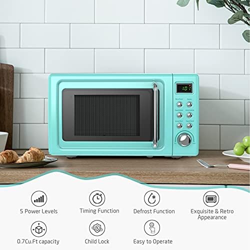 SIMOE Small Microwave Oven, 0.7 Cu Ft 700W Countertop Retro Microwave with 8 Auto-cooking Set & Defrost, Child Lock, Compact Microwave w/10 Inch Removable Turntable, Timer, 5 Micro Power, LED Lighting