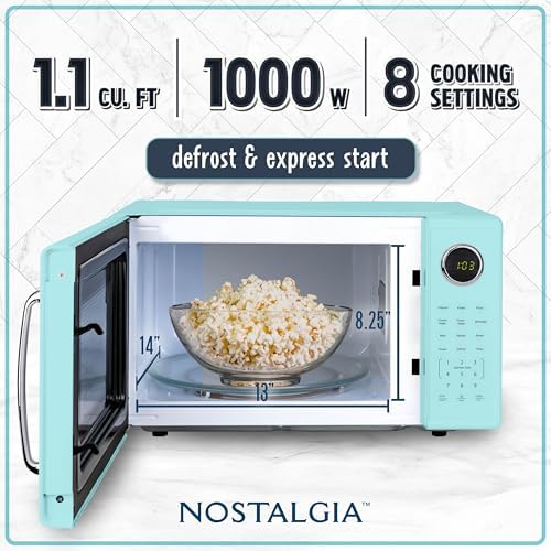 Nostalgia Retro 1000W Microwave Oven 1.1 Cu Ft Capacity – Child Safety Lock, 8 Auto-Cook Settings – Countertop Kitchen Appliance – Aqua